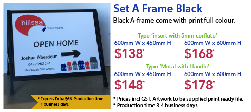 Set A Frame Black with corflute on metal with Handle Jack Flash Signs